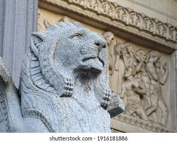 Stone Lion Statue At The Entrance Of The Basilica Of Notre Dame De Fourvière In Lyon