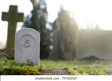 Stone Monument/tombstone With Bitcoin Symbol On Cementery - Sunny Blurred Background With Space For Text - Economic/financial Concept