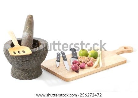 Stone mortar. Ingredients for soup. Isolated white background