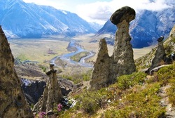 Stone Mushrooms In The Valley Of The Chulyshman River In Altai. Stones In The Form Of Mushrooms. Mountains In The Form Of Mushrooms In Altai.