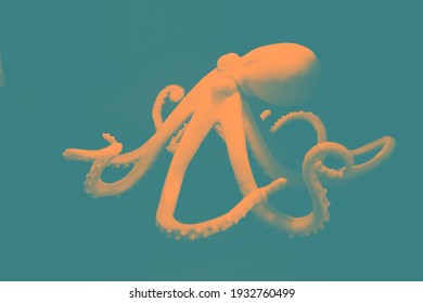 Stone octopus with dark background in bold, bright colors.