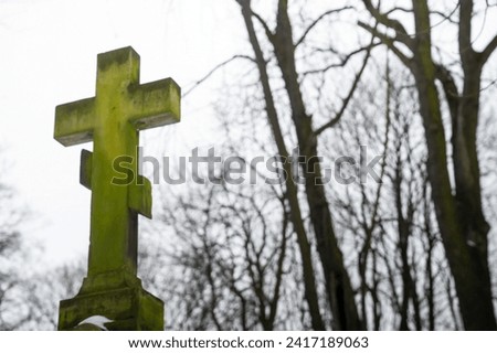 Stone Orthodox cross in an Orthodox cemetery covered with moss among trees without leaves in winter on a cloudy day