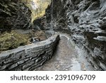 stone path detail at watkins glen state park (waterfalls in a gorge) upstate new york finger lakes region hiking in autumn (beautiful leaves changing colors, fall foliage)