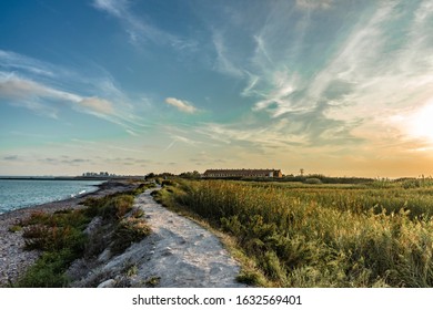 Stone path with vegetation along the coast on a spectacular sunny day with a beautiful sky.