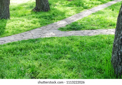 
Stone Pathway In A Green Park. Path Through The Landscape Park In Ukraine. Two Paths Converge Into One. Green Grass Along The Path Of Love.					