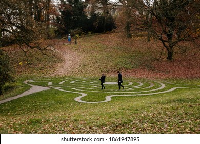 Stone Pathway Round Outdoor Prayer Labyrinth In A Circular Shape, Ornamental Garden With Maze Viewed Slightly From Above. Loucen Romantic Baroque Castle, Czech Republic, November 17, 2020