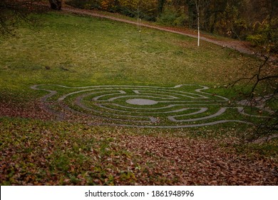 Stone Pathway Round Outdoor Prayer Labyrinth In A Circular Shape, Ornamental Garden With Maze Viewed Slightly From Above. Loucen Romantic Baroque Castle, Czech Republic, November 17, 2020