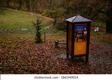 Stone Pathway Round Outdoor Prayer Labyrinth In A Circular Shape, Ornamental Garden With Maze Viewed Slightly From Above. Loucen Romantic Baroque Castle, Czech Republic, November 17, 2020