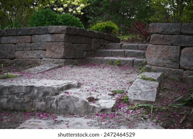 A stone pathway with steps in a garden, surrounded by greenery and fallen pink petals.