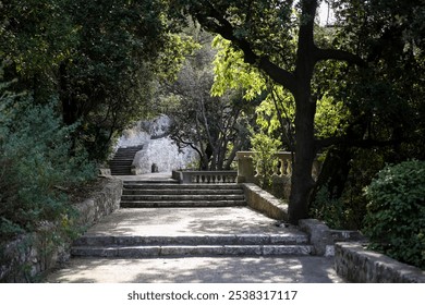 Stone Pathway with Steps and Lush Greenery in a Tranquil Mediterranean Garden Setting - Powered by Shutterstock