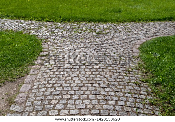 Stone paved road divided in two directions among\
green grass