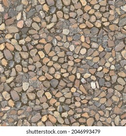 Stone pavement texture. Abstract background of cobblestone pavement close-up. Seamless texture. Perfect tiled on all sides. Tileable Texture.