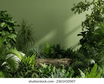 Stone platform pedestal in tropical forest for product presentation and green forest.3D rendering