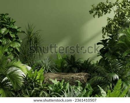 Stone platform pedestal in tropical forest for product presentation and green forest.3D rendering