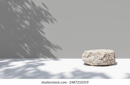 Stone Podium In Empty Room With Shadow From tree, Grey Wall Background, Pedestal Stage For Commercial product Showcase