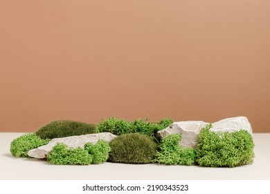 Stone podium with moss for natural eco product presentation, brown background