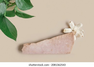 Stone Podium On Beige Background For Cosmetics Or Your Logo. Natural Stone Pedestal With Dry Flower. Products Display With Dolomite Texture. Trendy Template Mockup. Flat Lay. Earth Tones. Top View.