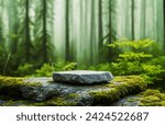 Stone podium on rock platform 3d illustration, grey rock pedestal for a product display stand, green forest and blurred on the background, natural scenery landscape.