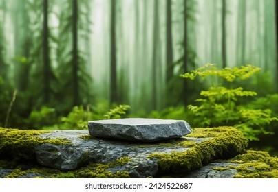 Stone podium on rock platform 3d illustration, grey rock pedestal for a product display stand, green forest and blurred on the background, natural scenery landscape.