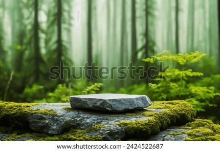 Stone podium on rock platform 3d illustration, grey rock pedestal for a product display stand, green forest and blurred on the background, natural scenery landscape.