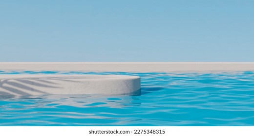 Stone podium stand in luxury blue pool water. Summer background of tropical design product placement display. Hotel resort poolside backdrop.