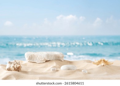 Stone podium for summer cosmetics product presentation on blurred tropical sea sand beach background