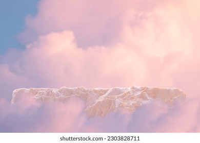 Stone podium tabletop floor in outdoor on sky pink gold pastel soft cloud blurred background.Beauty cosmetic product placement pedestal present promotion stand display,summer paradise dreamy concept. - Shutterstock ID 2303828711