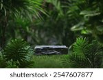 Stone podium tabletop floor in outdoors tropical garden forest blurred green leaf plant nature background.Natural product placement pedestal stand display,jungle paradise concept.