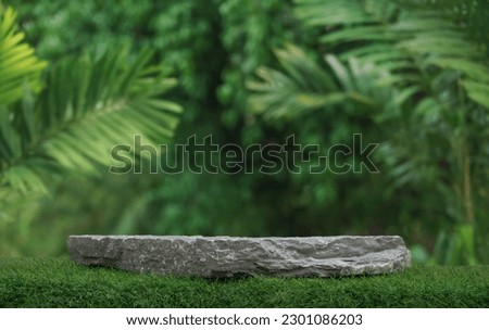 Stone podium tabletop floor outdoors blurred green leaf tropical forest plant nature background.Beauty cosmetic natural product placement pedestal display,jungle summer concept.