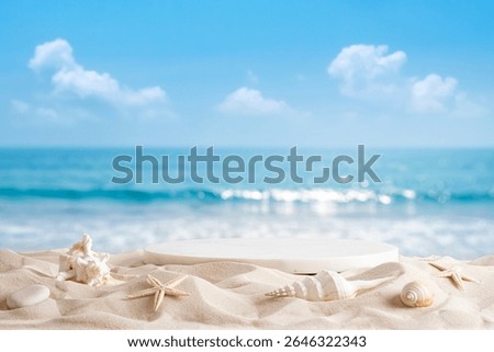 Stone podium and various shells on sand beach over tropical summer sea background. NO AI USED