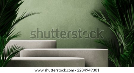 Stone product podium with tropical palm leaf on green wall background. Botanical mockup template display. Neutral asian aesthetic.