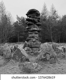 Stone rock stack at Druids Temple in North Yorkshire (black & white)