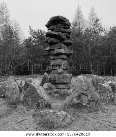 Stone rock stack at Druids Temple in North Yorkshire (black & white)