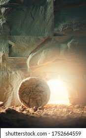 Stone is rolled away from empty grave on Easter morning. Jesus Christ resurrection. Empty tomb of Jesus with light. Born to Die, Born to Rise. "He is not here he is risen". Christian Easter concept