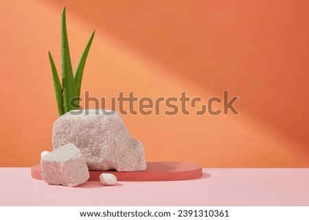 The stone slab is placed on a pink wooden platform with fresh aloe vera leaves. Free space for displaying new products. Aloe vera extract is commonly used in beauty.