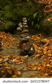 A stone stack on a log in a creek in autumn 