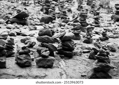 Stone stacks in black and white. Monochrome image of pebbles. - Powered by Shutterstock