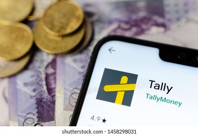 Stone, Staffordshire / UK - July 22 2019:  Tally Money Banking App On The Smartphone Screen. Tally Is Innovative Banking Platform And The Unit Of Currency That Backed By Gold. 