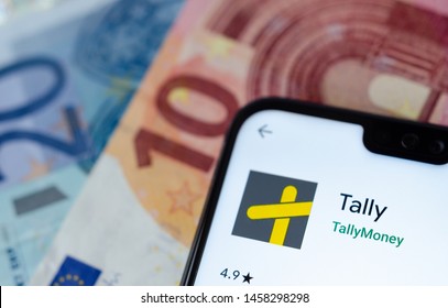 Stone, Staffordshire / UK - July 22 2019:  Tally Money Banking App On The Smartphone Screen. Tally Is Innovative Banking Platform And The Unit Of Currency That Backed By Gold. 