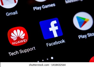 Stone, Staffordshire / United Kingdom - June 7 2019: Macro Photo Of Huawei, Facebook, Google Play App Icons On A Smartphone Screen. Illustrative Photo For The News On US China Export Ban & Trade War.