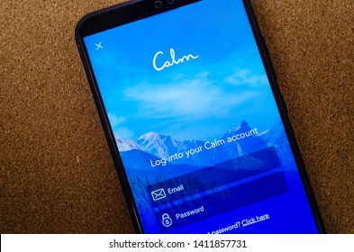 Stone, Staffordshire / United Kingdom - May 30 2019: Calm App On The Screen Of Smartphone. Choice For App Of The Year. The New Way For Meditation, Sourcing  Music And Getting To Sleep.