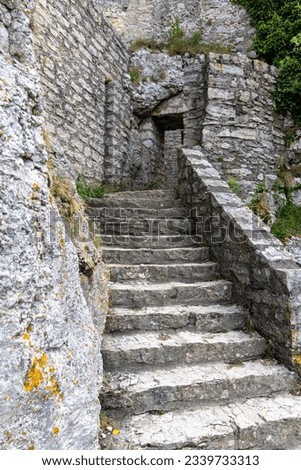 A stone staircase in an old ruined castle