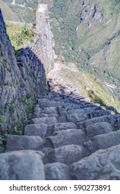 Stone Stairs Climbing Machu Picchu Peak In Peru