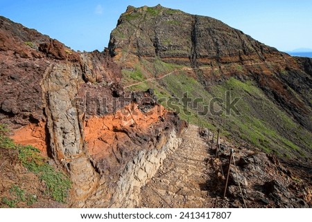 Stone stairs on in the dramatic cliffs of the Ponta de São Lourenço (tip of St Lawrence) at the easternmost point of Madeira island (Portugal) in the Atlantic Ocean