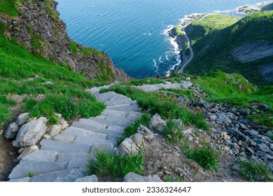 Stone stairs to the top of Reinebringen. Touristic path to the Reine viewpoint, Reine, Lofoten, Norway.