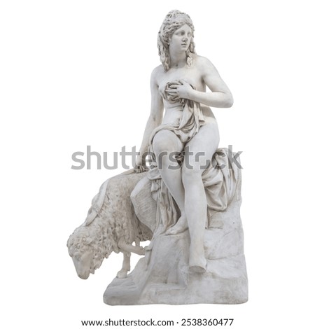 Stone statue of Aphrodite Greek goddess of love with sheep isolated on white background