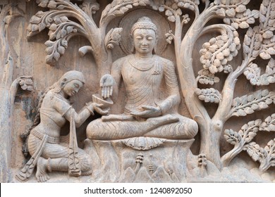 Stone Statue Of Buddha At Mahabodhi Temple Complex In Bodh Gaya, India