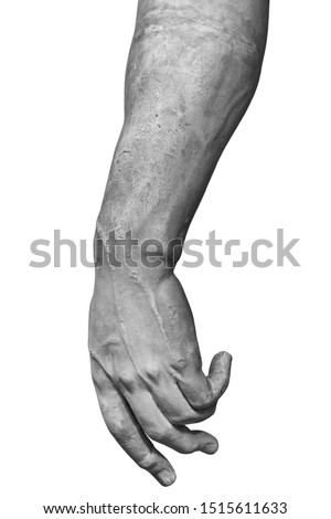 Stone statue detail of human hand isolated on white background by clipping path