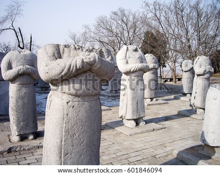 Stone Statues of Foreign Ambassadors without Head along Spirit Way of Qianling Mausoleum - Mausoleum of Emperor Gaozong and Wu Zetian in Tang dynasty, Xian, China