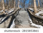 Stone steps leading upwards, bordered by stone walls, set amidst bare trees and snow, clear blue sky above, natural light casting shadows on the scene